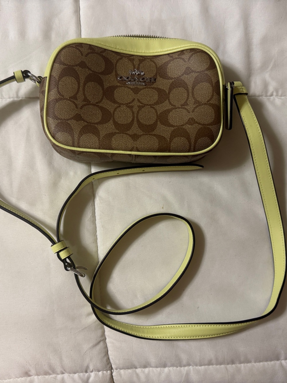 Coach Brown Signature Canvas Crossbody with Yellow Trim